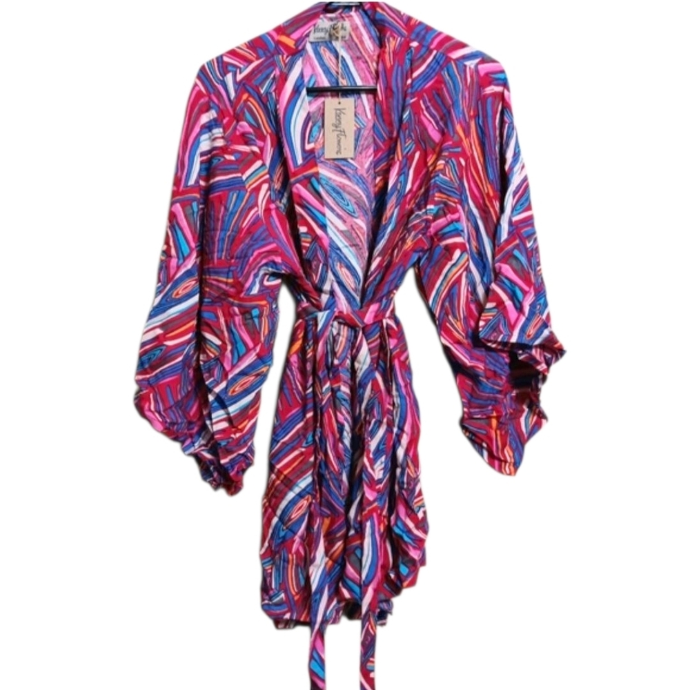 Kenny Flowers Red Blue Orange Bold Print Tie Front Kimono NEW